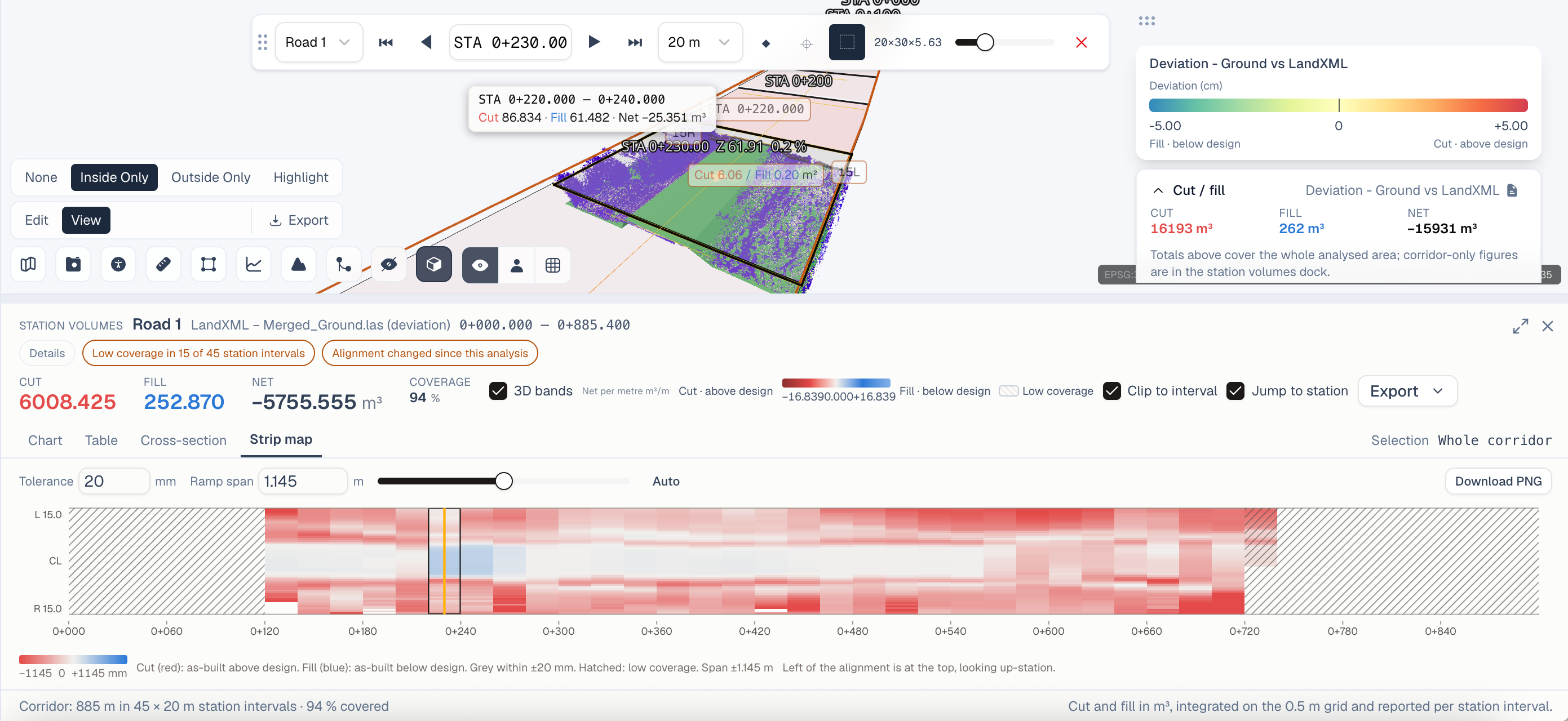 SkyGIS station volumes strip map and 3D cut-and-fill analysis for a road corridor